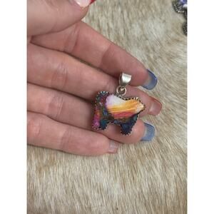 Native American SW Sterling Silver Pink Dahlia Turquoise Cow Sheep Lamb Pendant